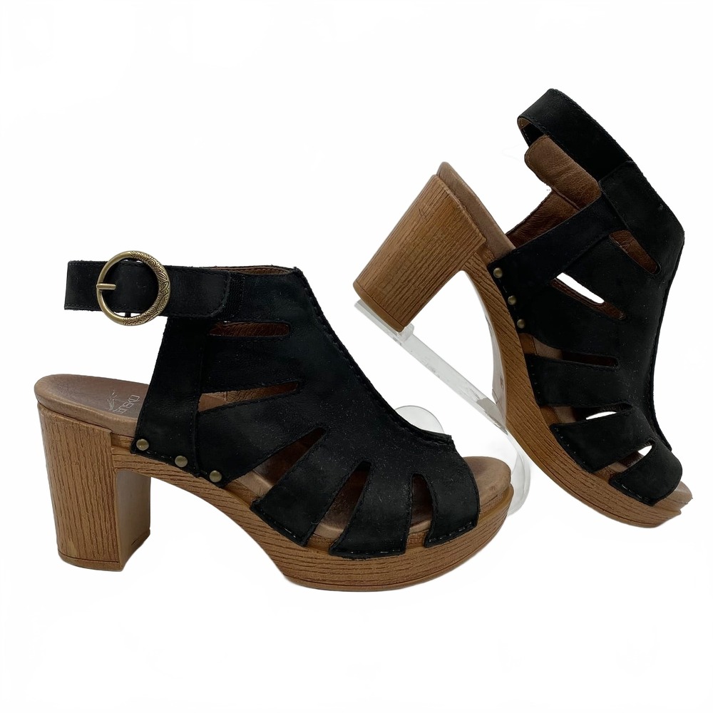 Dansko Black Demetra Peep Toe Heels | Leather Platform, EU38